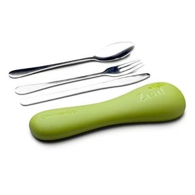 Image of Zeal K300L Stainless Steel Space Saving Cutlery Set in Silicone Wallet For Food On The Go Lime, Melamine