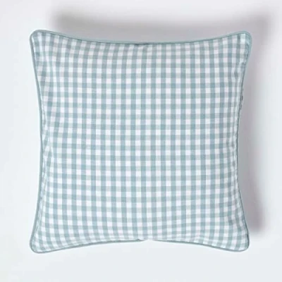Image of HOMESCAPES 100% Cotton Gingham Check Cushion Cover 45 x cm Square 18 Inches Blue White Sofa Pillow Washable