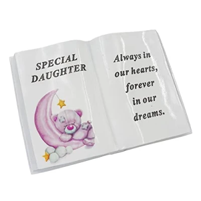 Image of Angraves Special Daughter Baby Girl Teddy Bear Moon Memorial Graveside Book Ornament Plaque