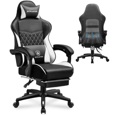 Image of GTPLAYER Gaming Chair, High Back Leather Computer Chair with Footrest, Ergonomic Height Adjustable Office Removable Cover and Lumbar Support for Work (White)