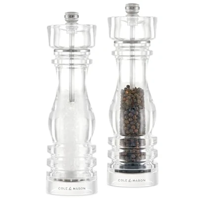 Image of Cole &amp; Mason London Acrylic Salt and Pepper Mill Set, 220mm, Precision+ Carbon/Ceramic Mechanisms, Grinders with Adjustable Grind, Gift Set