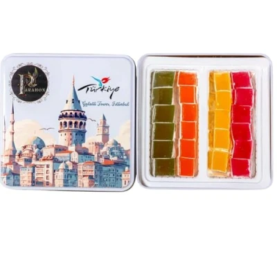 Image of PARAHON Lokum Turkish Delight Gift Box Mixed Fruit Aroma 500g Tin Tubs of Vintage Sweets Birthday Present include Rose, Lemon, Orange &amp; Mint Eid Confectionery Christmas