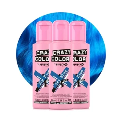 Image of Crazy Color Vibrant Sky Blue Semi Permanent Trio Hair Dye. Highly Pigmented Cobalt Conditioning &amp; Oil Nourishing Vegan Formula No Bleach or Ammonia 300ml