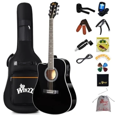 Image of Winzz 4/4 Electro Acoustic Guitar, Left Handed Western Guitar Set, Adult Beginners, 41 Inch with 4 Band Equaliser (Dreadnought,Glossy Black)