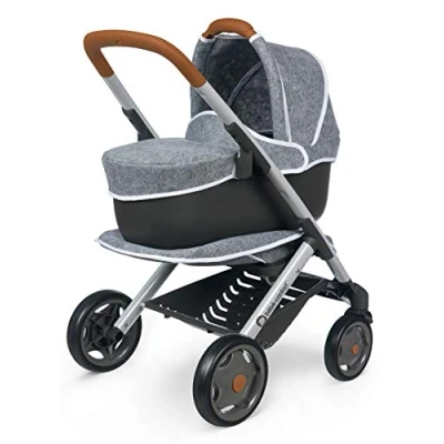 Image of Smoby Bébé Confort 253105, 3 in 1 Pushchair and Pram, for Dolls Baby Dolls, Silent Multi Directional Wheels Storage Basket, Grey, Large