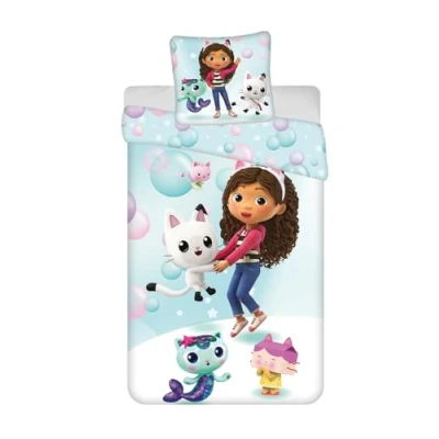 Image of Jerry Fabrics Gabby et la Maison Magique Bedding Set, Reversible Duvet Cover 140 x 200 cm + Pillowcase 65 cm, with Pandy Paws, Baby Box, Navy and Fairy Minette