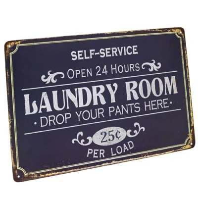 Image of Hioni Self Service Laundry Room Open 24 Hours, Metal Tin Sign, Vintage Plaque Wall Decor