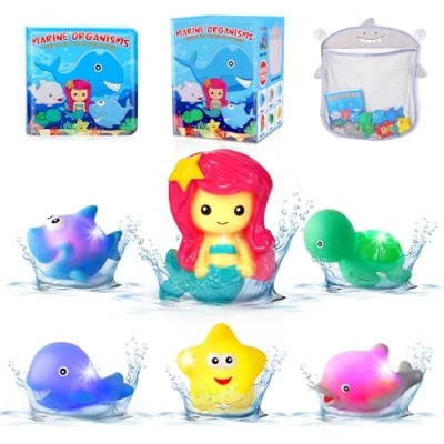 Image of Orzbow Baby Bath Toys,Light Up Toys Mould Free Shark Mermaid Turtle with Magic Book and Toy Net,Toddler Kids New Boy Girl Gift