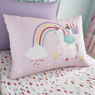 Image of Happy Linen Company Girls Kids Unicorns Princess Rainbows Pink Double Fitted Sheet