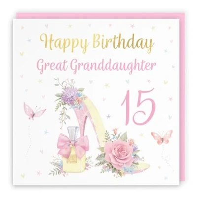 Image of Hunts England 15th Great Granddaughter High Heel And Perfume Birthday Card Luxury Gold Foil Milo&#039;s Gallery Age 15 Butterflies, Flowers, Hearts For