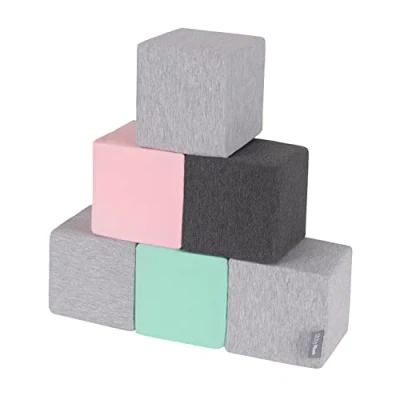 Image of KiddyMoon Soft Foam Cubes Building Blocks 14Cm For Children Multifunctional Construction Montessori Toy Babies, Made In The EU, 6 Pieces, Cubes:Light Grey Dark Pink Mint