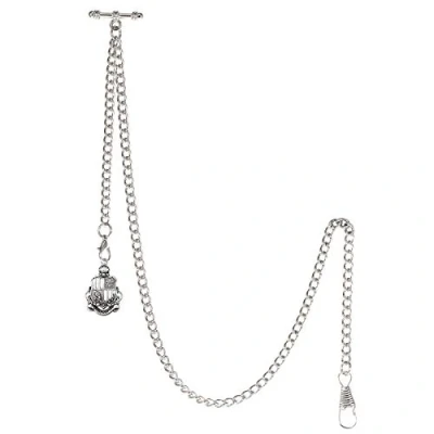 Image of TREEWETO Men&#039;s Albert Chain Pocket Watch Curb Link Key 2 Hooks with Antique Shield Silver Pendant Design Charm Fob T Bar