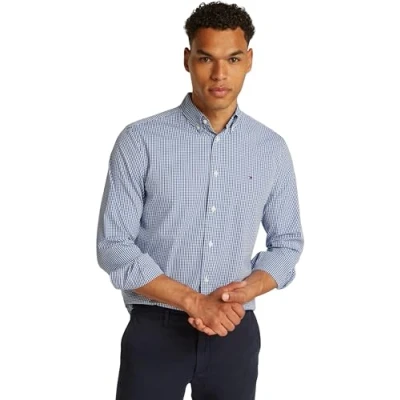 Image of Tommy Hilfiger Men Flex POPLIN Gingham RF Shirt MW0MW37548 L/S Shirt, Blue, XL