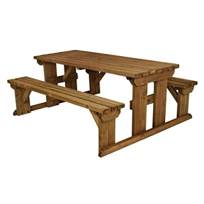 Image of Arbor Garden Solutions Wooden picnic table with attached benches, Abies patio furniture set (6ft, Rustic Brown)