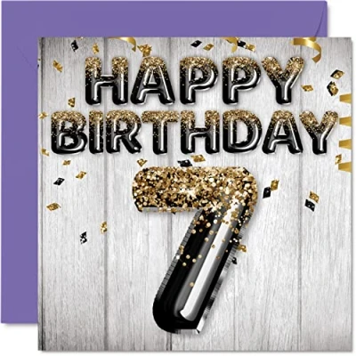 Image of 7th Birthday Card for Boys Black &amp; Gold Glitter Balloons Happy Cards 7 Year Old Boy Son Brother Grandson Cousin, 145mm x Seven Seventh Bday Greeting Gift