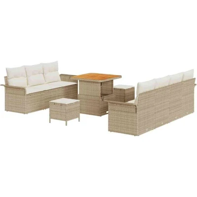 Image of vidaXL 10 Piece Garden Sofa Set with Cushions Beige Poly Rattan Acacia