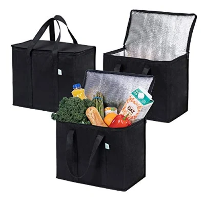 Image of VENO 3 Pack Insulated Reusable Grocery Shopping Bag, Food Delivery, Cooler Heavy Duty, Large Size, Durable Handles, Dual Tab Zips, Lid, Stands Upright, Collapsible, Sustainable (Black, Pack)
