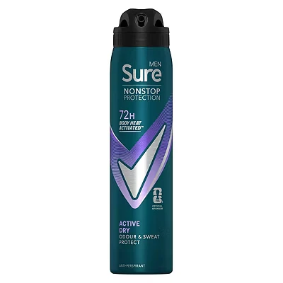 Image of Sure Men Nonstop protection Active Dry Antiperspirant Deodorant with Body Heat Activated technology Spray for 72 hour odour and sweat 250 ml