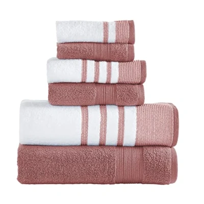 Image of Modern Threads 6 Piece Set, 2 Bath Towels, Hand Washcloths, Quick Dry White/Contrast Reinhart Rosewood