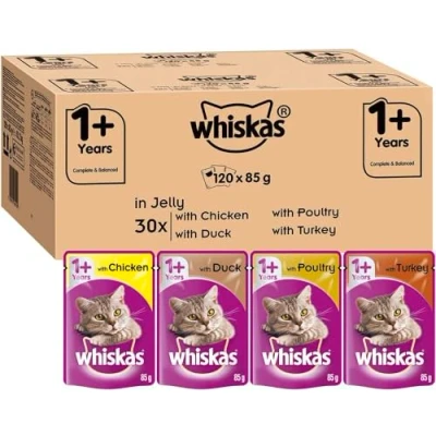 Image of Whiskas 1+ Cat Pouches Casserole Mixed Selection in Jelly, Suitable for Adult Cats Aged 1+, MegaPack, 120 x 85 g