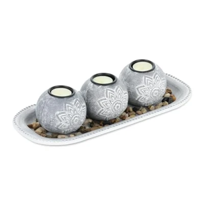 Image of Relaxdays Tea Light Holder, Set with Tray &amp; Stones, 35 cm Long, for Living Dining Room, Candle Grey/White