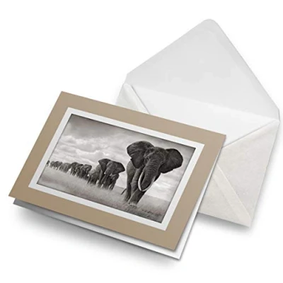 Image of Greeting Cards Biege (Insert) African Elephant Herd Blank Greetings Card Birthday Kids Party Boys Girls #8955