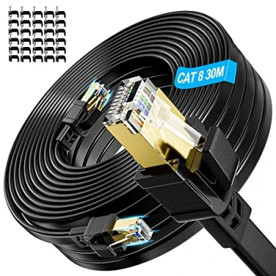 Image of Ethernet Cable 30m Cat 8, Internet Long Network Flat LAN High Speed 40Gbps RJ45 Shielded Anti jamming Wlan Gigabit Patch Black Indoor for Router Modem