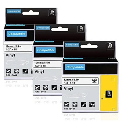 Image of 3 Pack Aonomi Rhino a18444 Labels Replace for DYMO 18444 1/2&quot; 12mm Permanent Polyester Vinyl Industrial Tape Work with 5200 4200 6000 6000+ Label Maker, Black on White