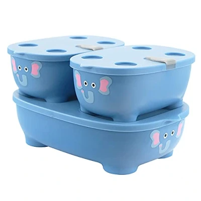Image of Prince Lionheart Bentomal Boxes Cute Kids Lunch Stackable Set Of 3 Different Sizes Microwaveable With Vent Dishwasher Safe Blue Elephant