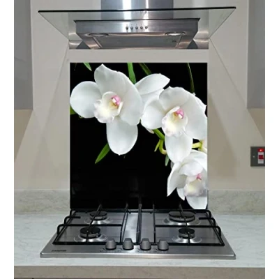 Image of Splashback, Tempered Glass Panel Kitchen, White Orchid on the Black Background ANY SIZE, VA Art (wide 60 x height 80 /cm)