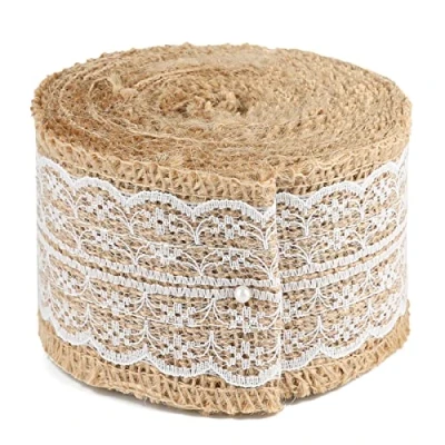 Image of G2PLUS Hessian Burlap Ribbon with Lace, 5M Natural Jute Trim Craft Ribbon, Rustic Themed Tape for Gift Wrapping and Crafts