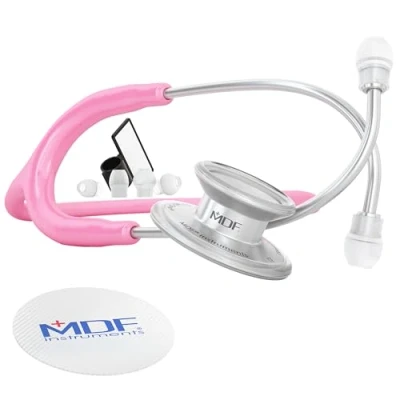 Image of MDF MD One Stainless Steel Stethoscope, Adult, Pink Tube, Silver Chestpieces Headset, MDF77701