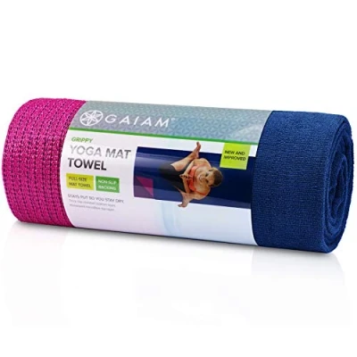 Image of Gaiam Grippy Non Slip Yoga Mat Towel Fast Drying Ideal for Hot Microfiber and Machine Washable Grip Backing Vivid Blue/Fuchsia 68&quot; L x 24&quot; W