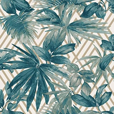 Image of Grandeco Life Forage Teal Wallpaper 156001 Metallic Geometric Palm Leaf