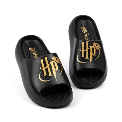 Image of Harry Potter Kids Sliders Black Moulded Sandals for Boys &amp; Girls Golden Snitch HP Logo Beach Shoes Hogwarts Magic Summer Pool Slip on Footwear Movie Merchandise Gift Children