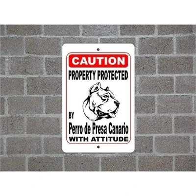Image of Metal Sign Great Aluminum Tin 8x12 Inches Property Protected By Perro De Presa Canario Guard Dog Warning Breed Gift Wall Home Decoration Pet Driveway