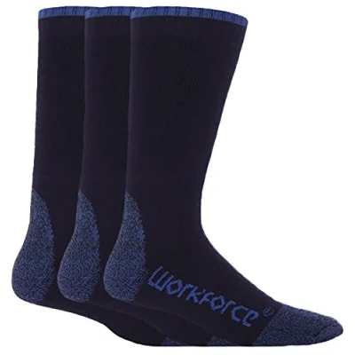 Image of Workforce 3 Pairs Mens Thick Black or Navy Heavy Duty Reinforced Heel and Toe Breathable Work Socks for Steel Boots (3 Pack, WFH4661NVY)