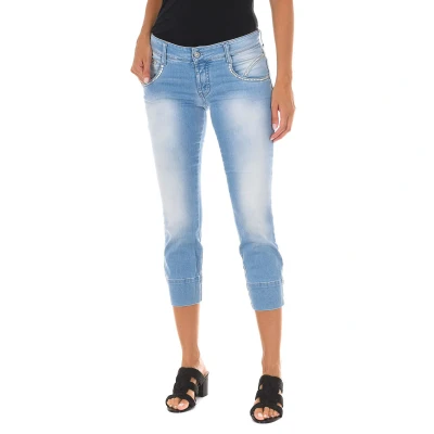 Image of Met Womenss worn effect pirate pants made of elastic fabric 10DB50294 Blue Cotton Size 26 (Waist)
