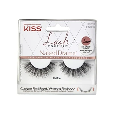 Image of KISS Lash Couture Naked Drama Collection 1 Pair of False Lashes, Chiffon, Full and Fluffy Faux Mink Fake Eyelashes with Cushion Flexi Band includes Glue