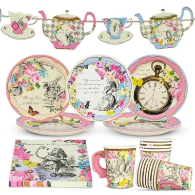 Image of Alice in Wonderland Party Decorations &amp; Tableware for 16 Guests Plates, Napkins, Teacups Bunting Tablecover Mad Hatter Afternoon Tea , Birthday, Baby Shower, Mother&#039;s day Made By Talking Tables