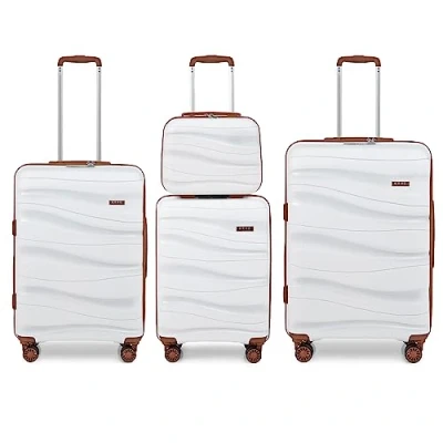 Image of Kono Luggage Sets of 4 Piece Lightweight Polypropylene Hard Shell Suitcase with TSA Lock Spinner Wheels 20&quot; 24&quot; 28&quot; Travel Trolley Case + 14&quot; Beauty (Set 4, Cream)