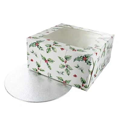 Image of Culpitt Vintage Holly Cake Box and Silver Board, Card Combo For Christmas Bakes Festive Treats 10 inch