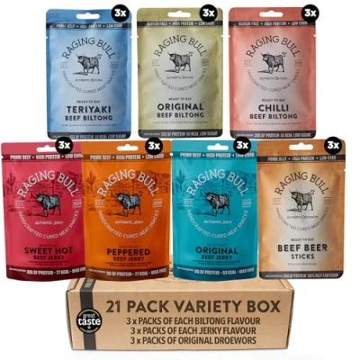 Image of Raging Bull Beef Snack 21 Pack Combo 3 Packs Biltong, Jerky &amp; Droewors Biltong Sets High Protein Snacks Grass Fed Low Carb Keto Carnivore Meat