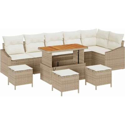 Image of vidaXL 10 Piece Garden Sofa Set with Cushions Beige Poly Rattan Acacia