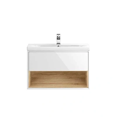 Image of Hudson Reed CST988D Coast Modern Bathroom Wall Mount Single Soft Close Drawer Vanity Basin Unit with Open Shelf and Ceramic 50mm Profile Sink, 800mm, Gloss White/Natural Oak