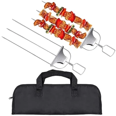 Image of Stainless Steel Barbecue Skewers, 3 in 1 Kebab Skewers Flat Metal for Kebabs with Slider BBQ Party Grilling Meat &amp; Vegetable, Storage Bag