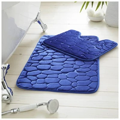 Image of GC GAVENO CAVAILIA Premium 2 Piece Pebble Bath Mat Non Slip Pedestal Set, Extra Absorbent 100% Memory Foam Bathroom Toilet Rug, Regular (50x80, 50x40 cm), Royal Blue