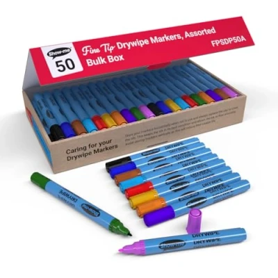 Image of Show me FPSDP50A Fine Tip Drywipe Whiteboard Pens for Schools and Classrooms Assorted Colours (50 Pack of Markers), 5.5 cm*167.5 mm*14.0 cm