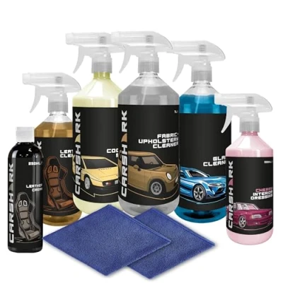 Image of CARSHARK 8 Piece Car Interior Cleaning Kit, Cherry Dressing 500ml, Glass Cleaner 1L, Leather Cream 250ml, Fabric Cockpit Shine 2 x Microfibre Cloths