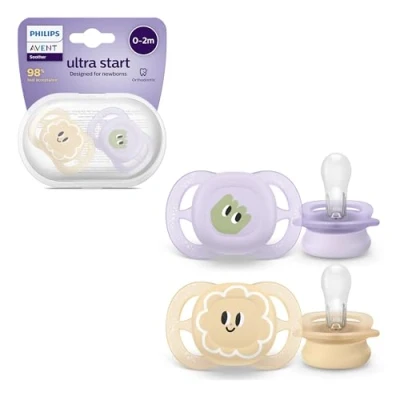 Image of Philips Avent Ultra Start Soothers, Orthodontic Dummies Designed for Newborns Aged 0 2 Months, Silicone Symmetrical Teat, BPA Free, with Sterilising/Carrying Case, Pack, Model SCF075/03